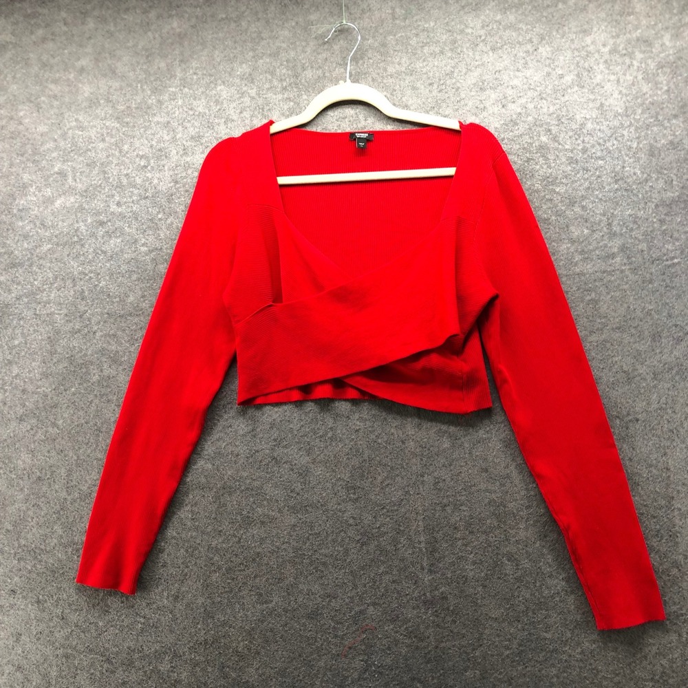 Express Body Contour Ribbed Wrap Crop Sweater Womens XL Red Long Sleeve Top